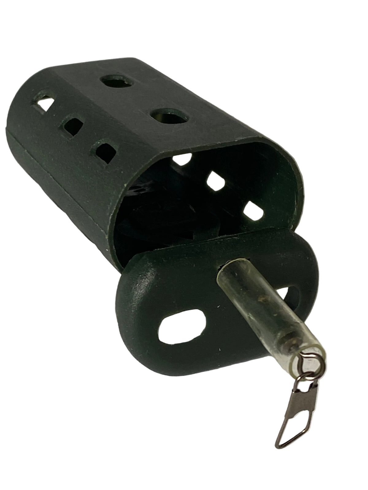 A dark green plastic fish bait holder with a clear plastic tube and a metal split ring, resting on a light gray surface.