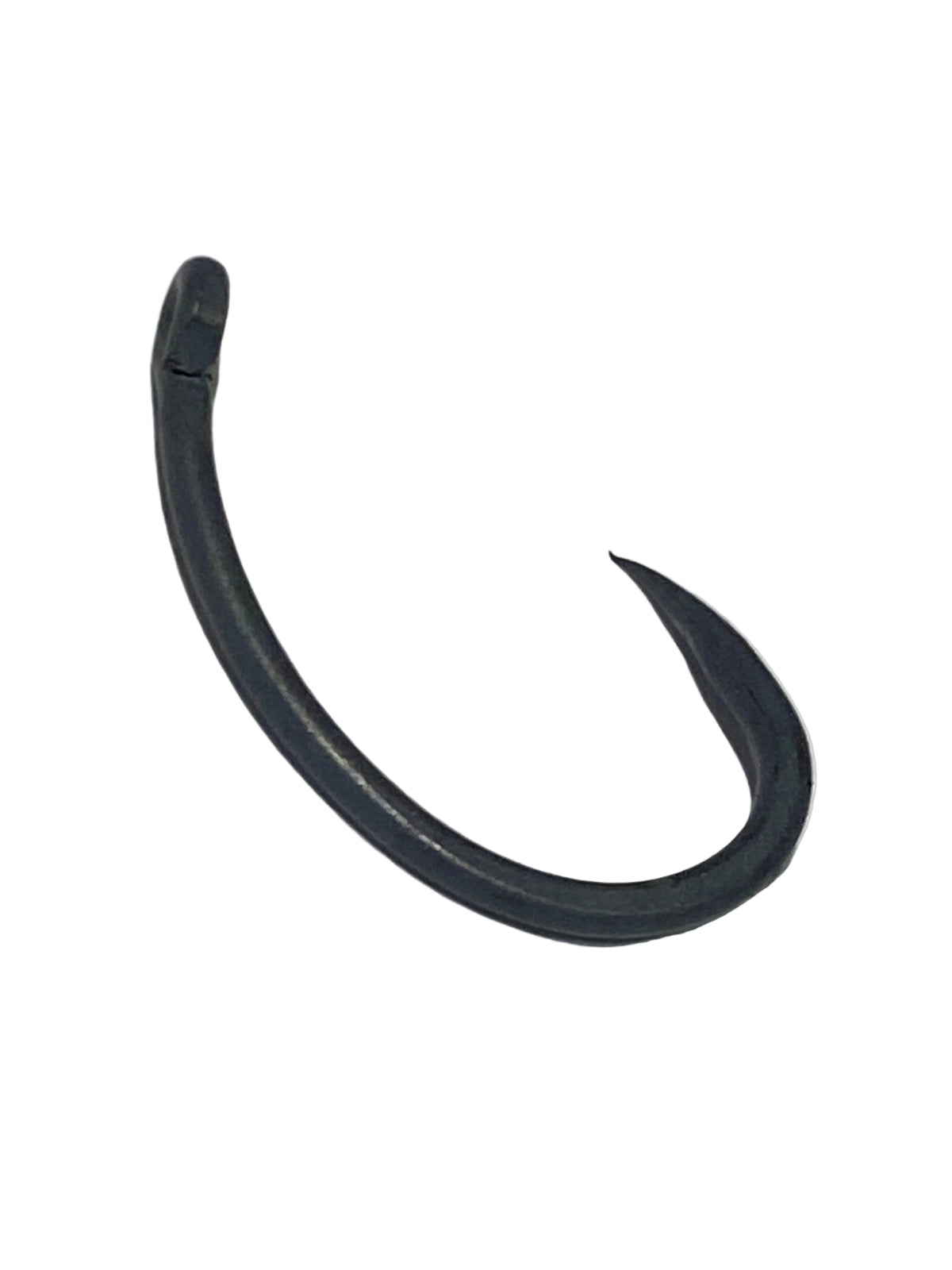 A single black plastic fishing hook lying on a textured white surface.