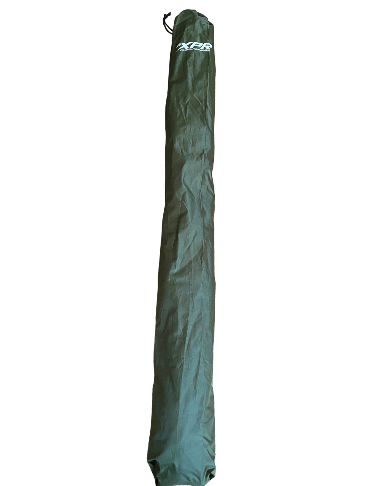 Green fishing rod case on a beige carpet