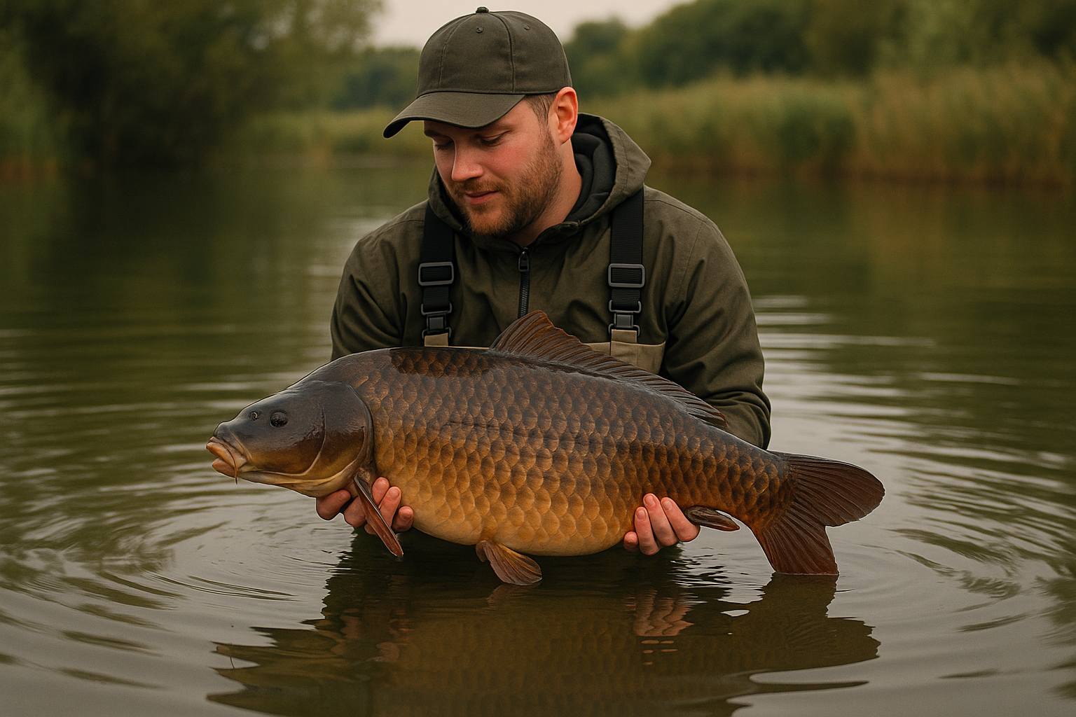 angler holding a large carp - the carp is brown the angler is partially submerged in water