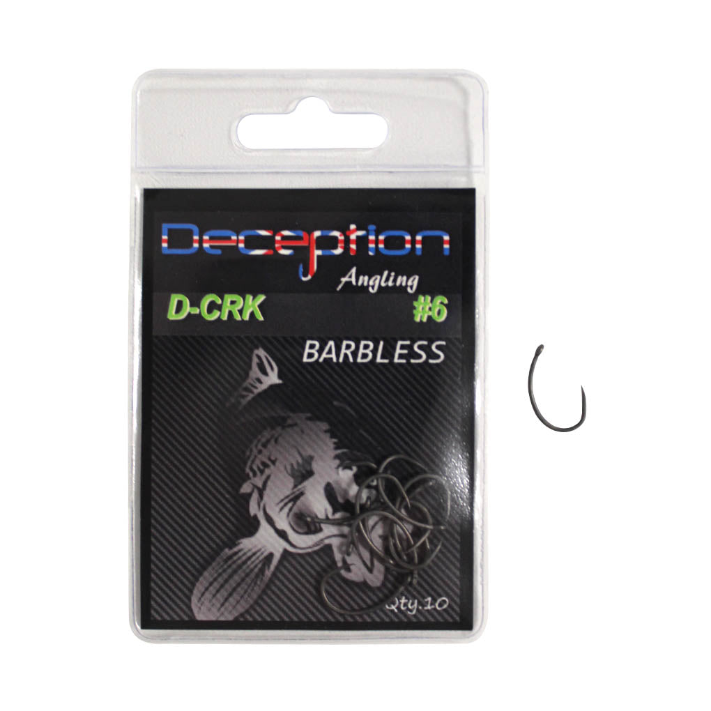 A packaged fishing hook on a plain white background. The hook is inside a clear plastic blister pack with a black backing card labeled 'Deception Angling D-CRK Barbless #6'.