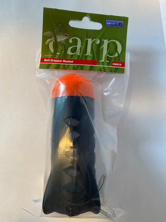 Black and orange spod rocket with a green label on a white background