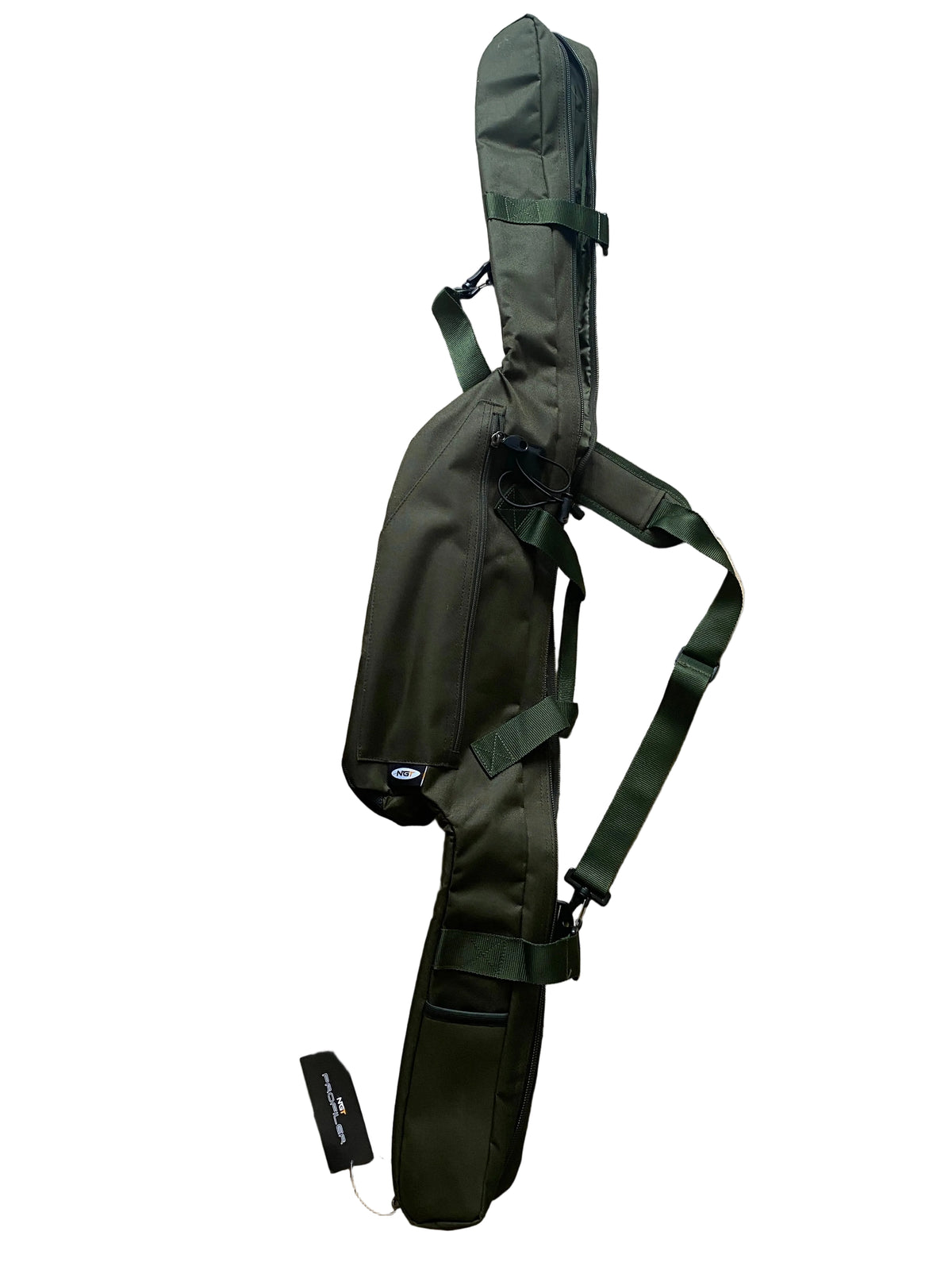 An olive green rifle case with a shoulder strap, laid flat on a beige tiled floor. A small black hangtag is visible next to the case.