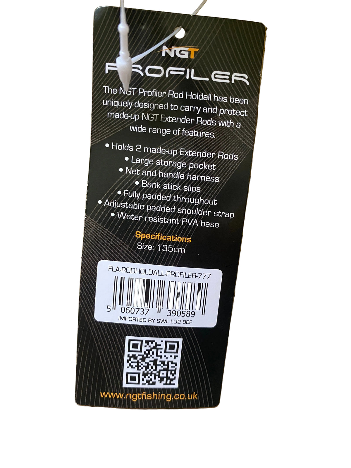 A black retail hangtag for an NGT Profiler fly-tying product, photographed on a beige stone surface. The tag includes product text, a barcode, a QR code, and the NGT branding.