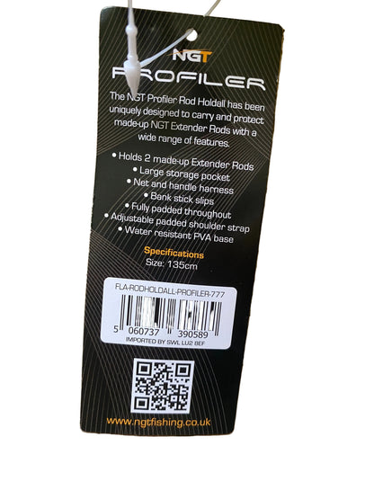A black retail hangtag for an NGT Profiler fly-tying product, photographed on a beige stone surface. The tag includes product text, a barcode, a QR code, and the NGT branding.