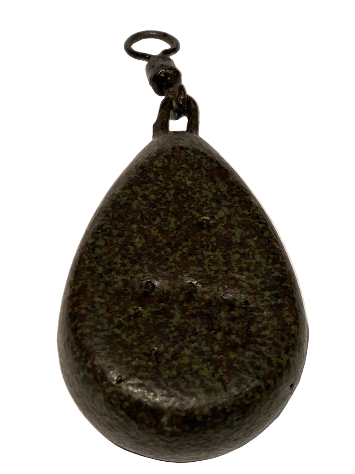 A dark, teardrop-shaped stone or polished rock with a small metal ring attached at one end, shown on a light textured background.