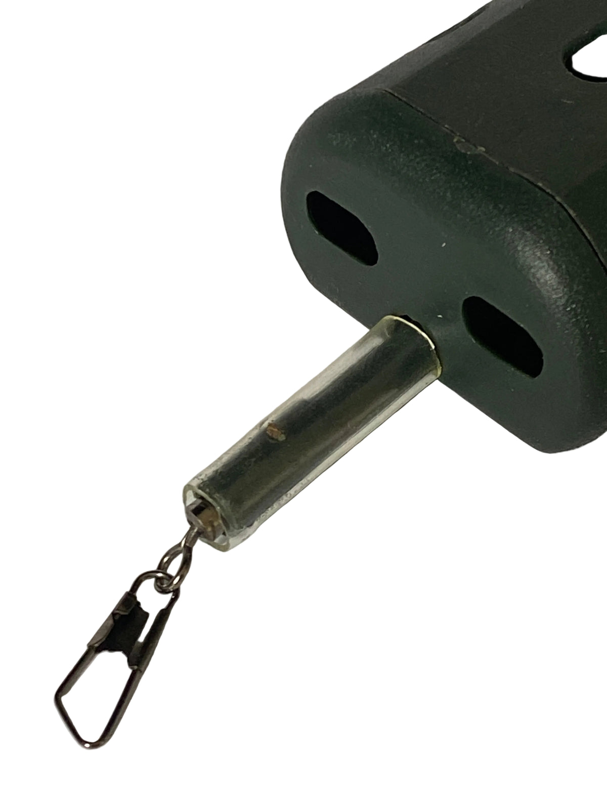 Close up of a green swimfeeder with snap link swivel attachment against a white background