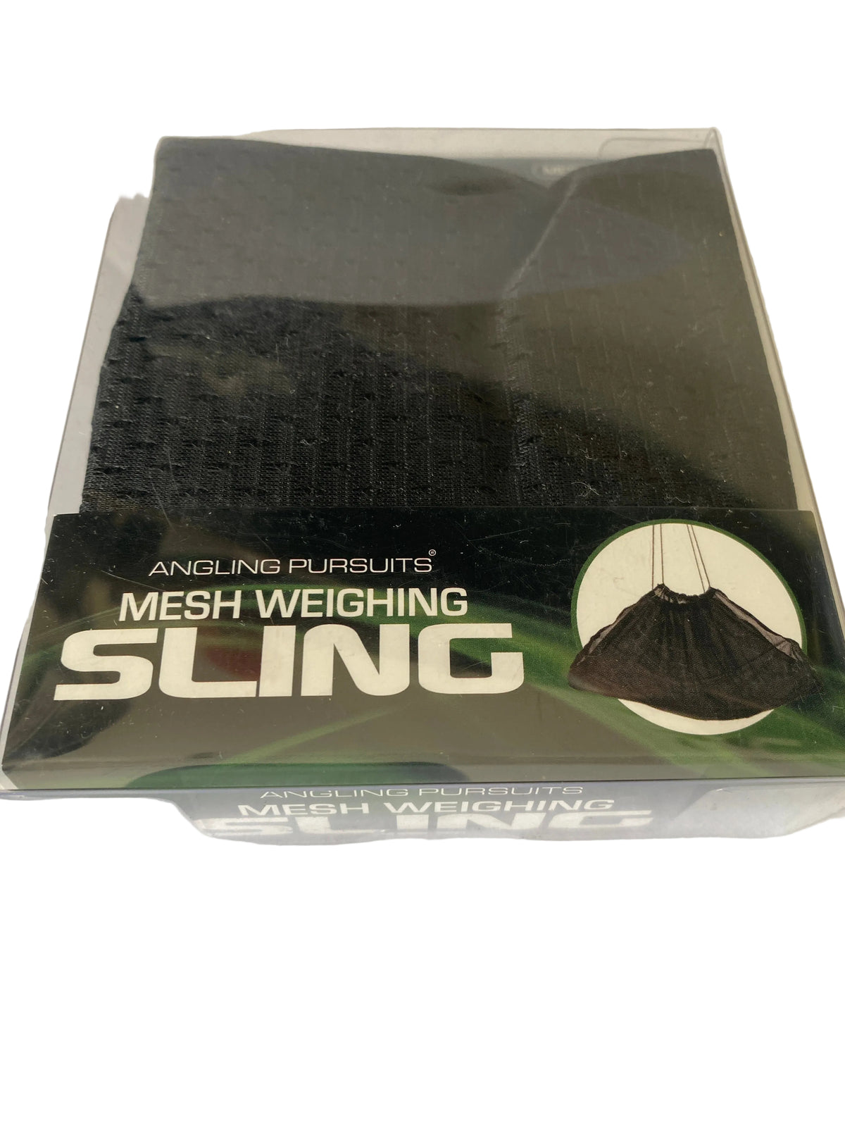 A packaged black mesh fishing weight, branded 'Sling' by Angling Rebels, shown in its clear plastic box with a black and green label.