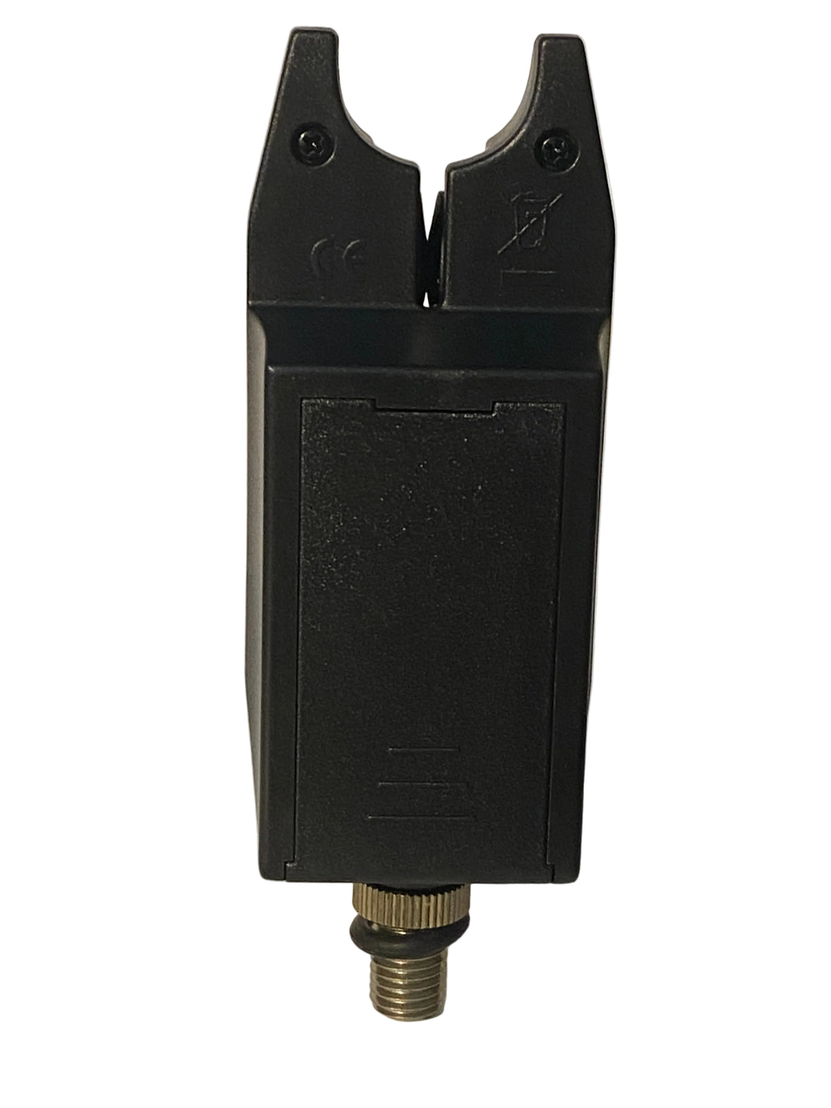 A black plastic electronic component with a threaded metal connector at the bottom, photographed against a plain off-white background.