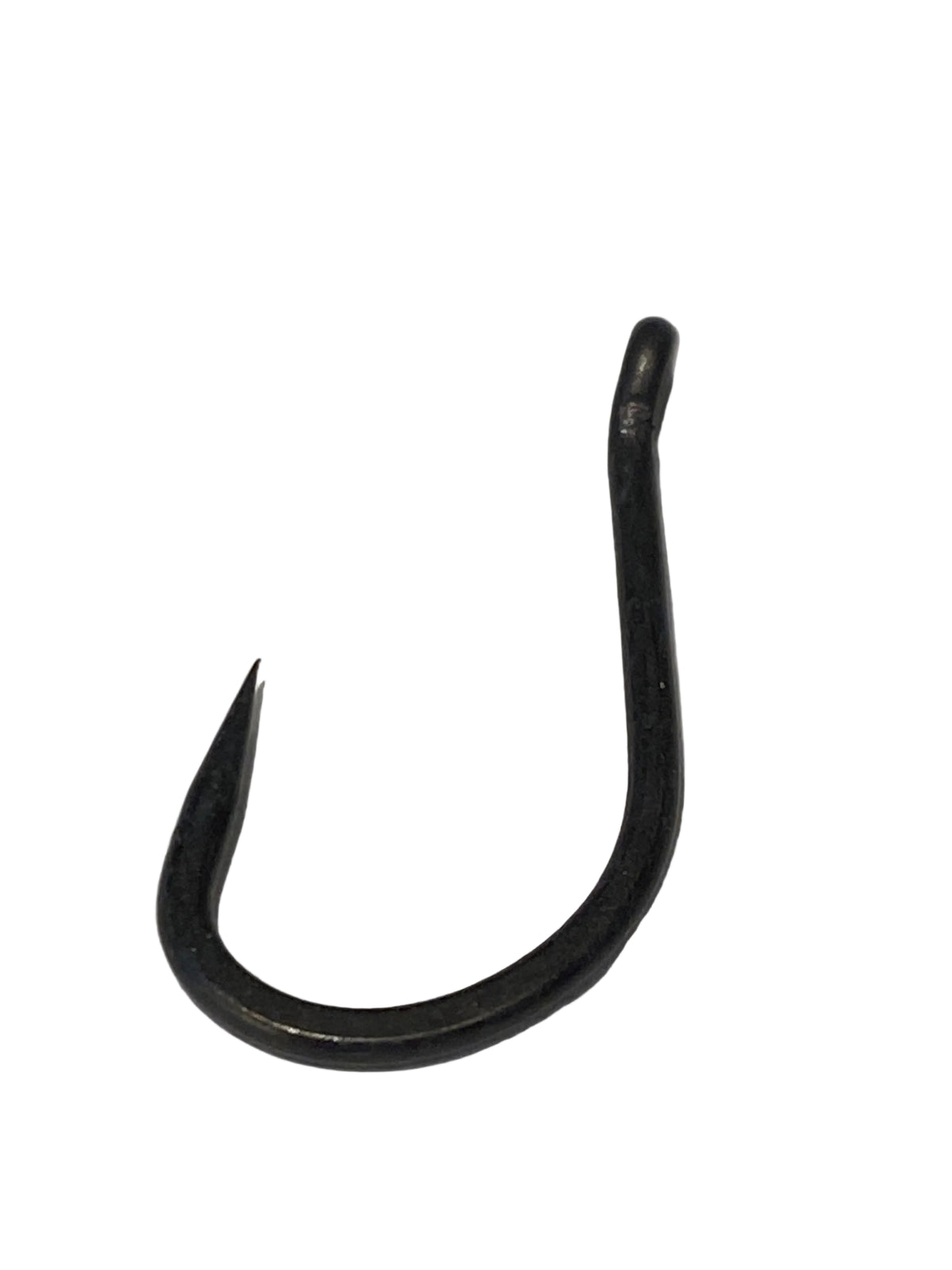 A single black metal fishing hook photographed on a light gray textured background.