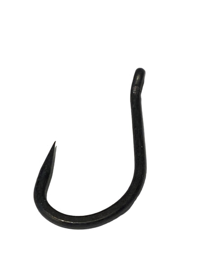 A single black metal fishing hook photographed on a light gray textured background.