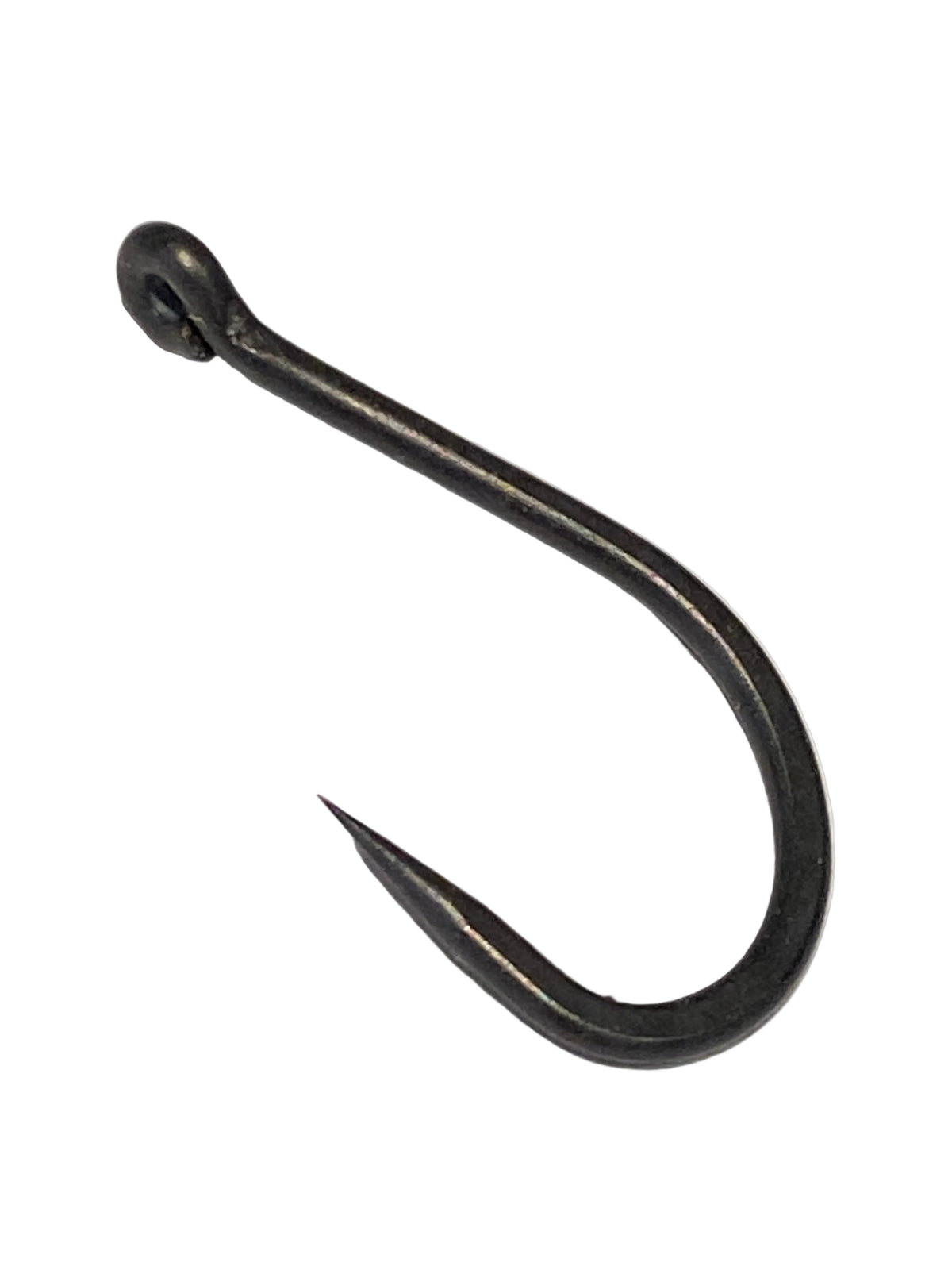 A single black metal fishing hook with a split ring eye, photographed on a textured white background.
