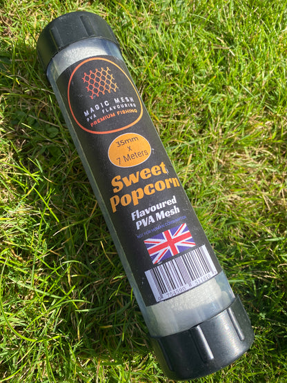 Container of sweetcorn popcorn-flavoured PVA mesh on grass