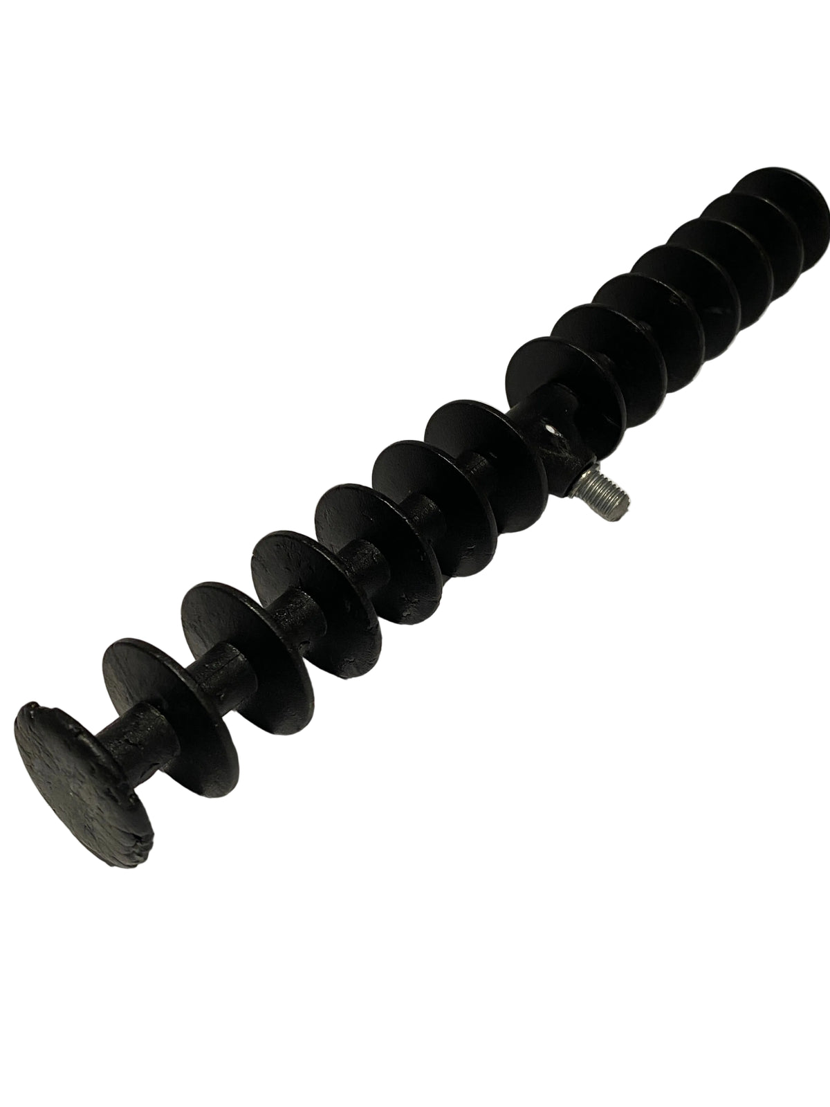 Black feeder rod rest with brass screw thread against a white background