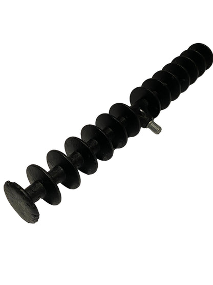 Black feeder rod rest with brass screw thread against a white background